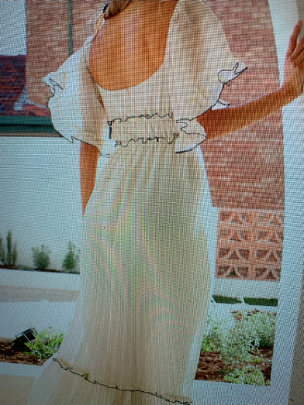Women’s Cream Ruffle Maxi Dress long Flowy Crinkled Fairy-tale Maxi Dress - Picture 5 of 5